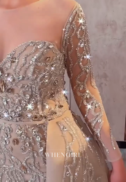 Champagne Rhinestones Beading Long Sleeves Sweetheart Sheath Formal Evening Dress with Train