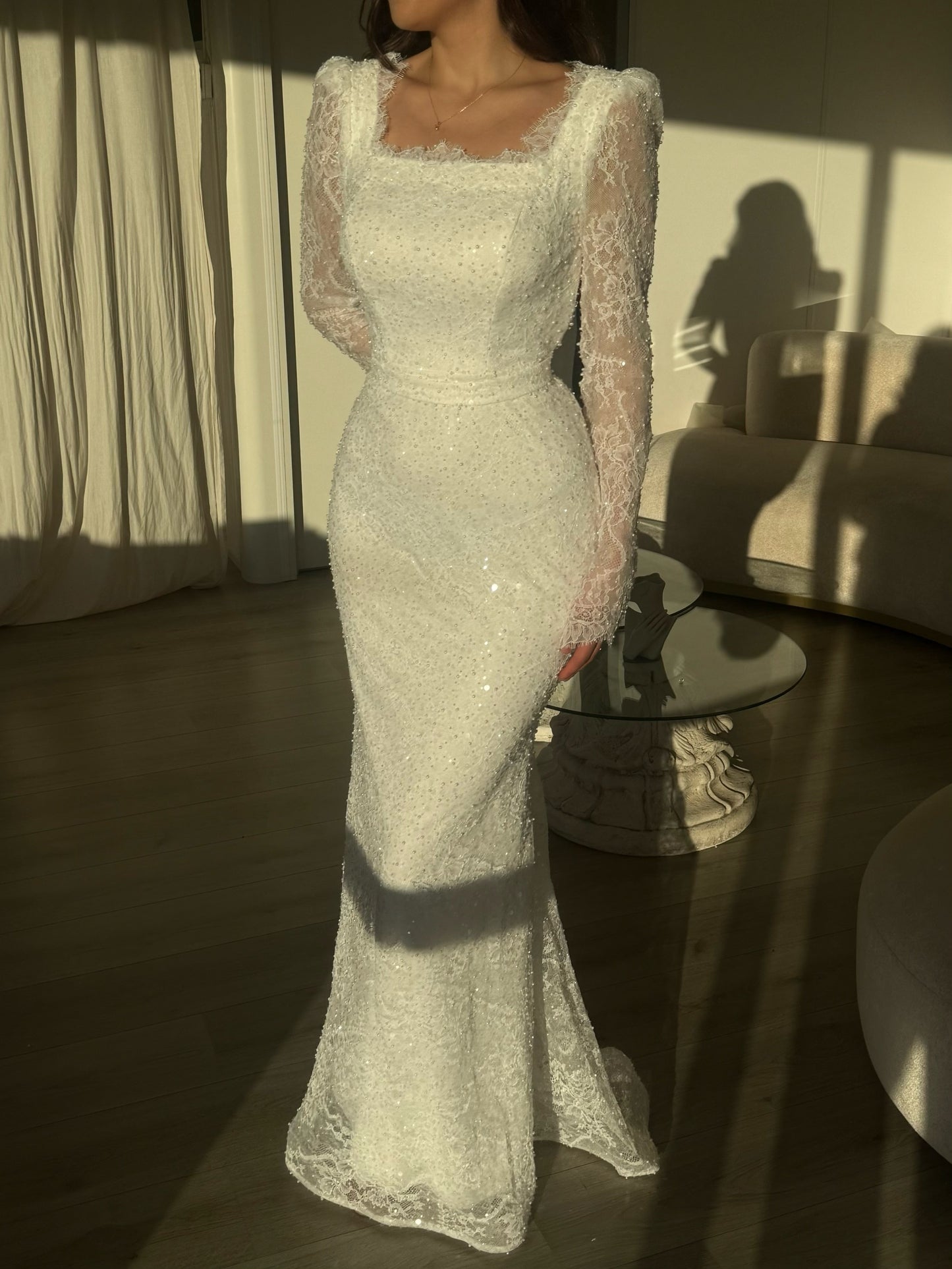 Mermaid Beaded Lace Long Sleeves Square Neck Floor Length Wedding Dress