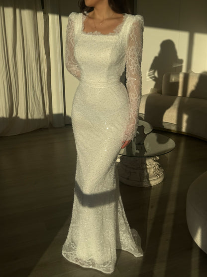 Mermaid Beaded Lace Long Sleeves Square Neck Floor Length Wedding Dress