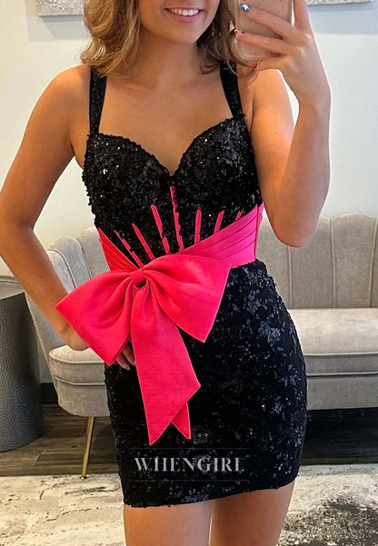Sweetheart Beaded Back Zipper Sheath Bowknot Sleeveless Short Homecoming Dress