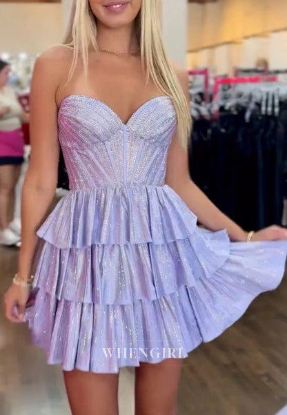 A-Line Sleeveless Multi Tiered Beaded Ruffles Lace Up Short Home Coming Dress