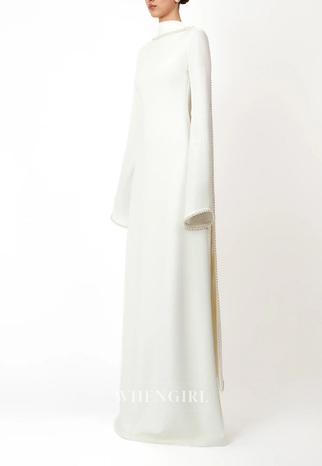 Column Bateau Neck Long Sleeves Pearl Beading Evening Dress with Scarf