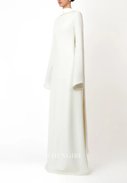 Column Bateau Neck Long Sleeves Pearl Beading Evening Dress with Scarf