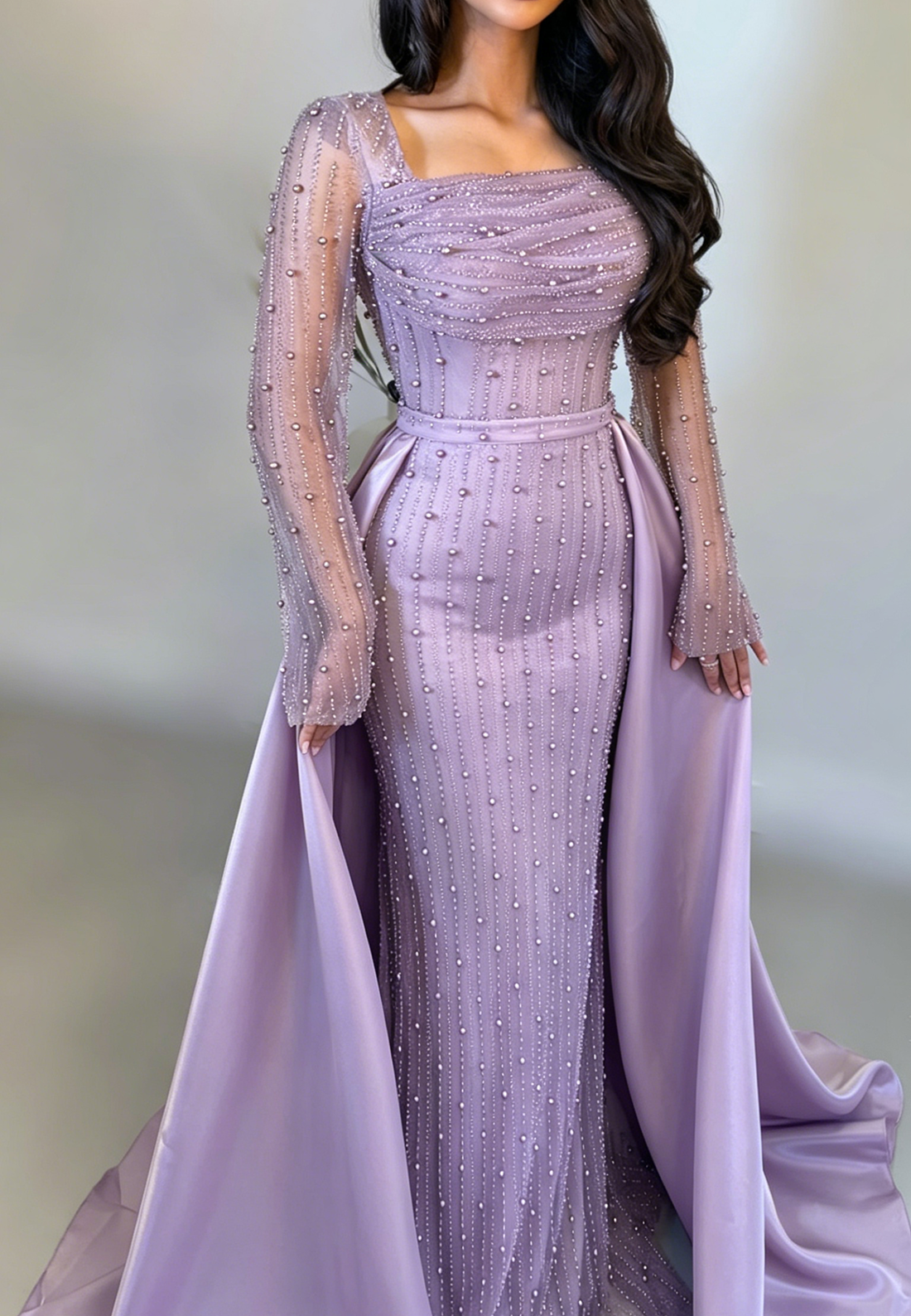 Sheath Square Neck Long Sleeves Beaded Sweep Train Evening Dress
