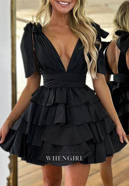 A-Line V Neck Sleeveless Multi Tiered Zipper Back Sleeveless Short Homecoming Dress
