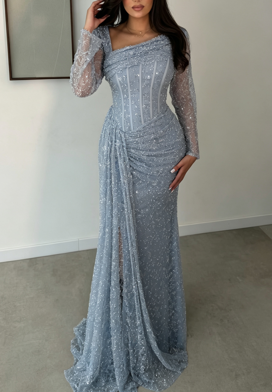 Asymmetrical Corset Beaded Long Sleeve Evening Gown with Slit