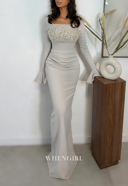 Gray Square Neck Long Sleeves Sheath Beaded Evening Formal Dress with Train