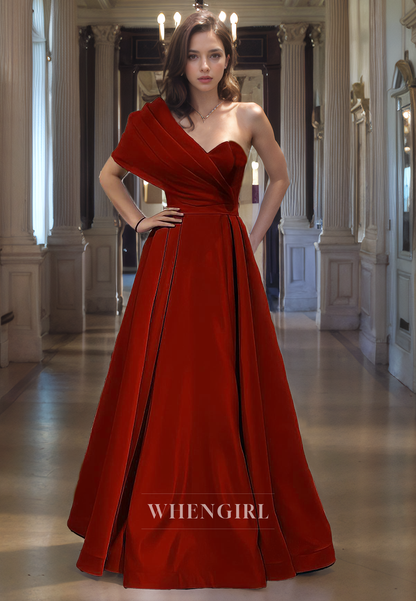 A-Line One Shoulder Sleeveless Pleated Long Prom Dress with Train