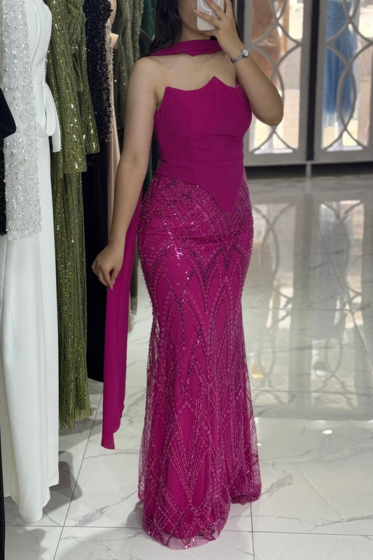 Fuchsia Asymmetrical Neck Sheath Sleeveless Evening Dress with Scarf