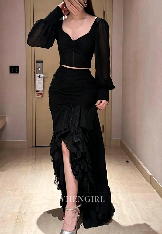 Sweetheart Long Sleeves Ruffle Hem Seath Formal Gown