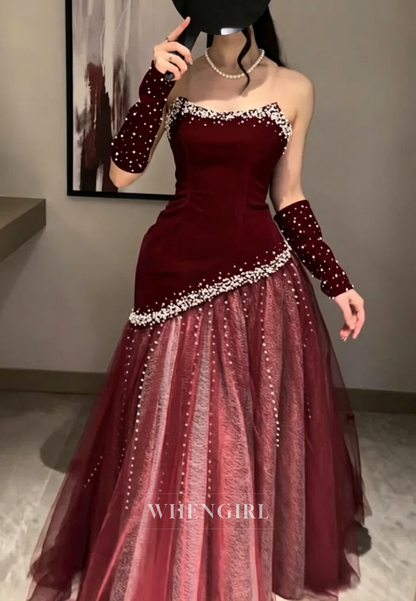 Peals Beading Tulle Hem Strapless Formal Gown