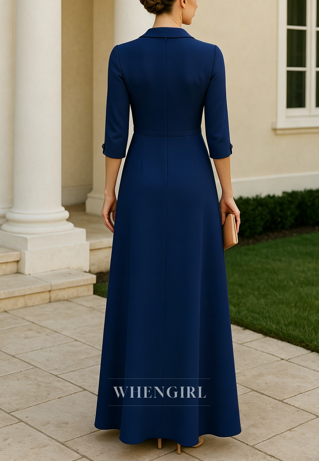 V Neck 3/4 Sleeves Ankle Length Column Mother of the Bride Dress