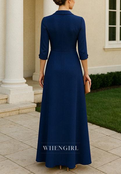 V Neck 3/4 Sleeves Ankle Length Column Mother of the Bride Dress