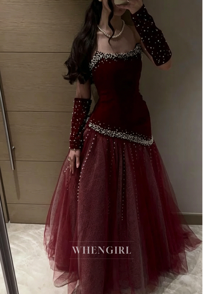 Peals Beading Tulle Hem Strapless Formal Gown
