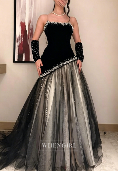 Peals Beading Tulle Hem Strapless Formal Gown