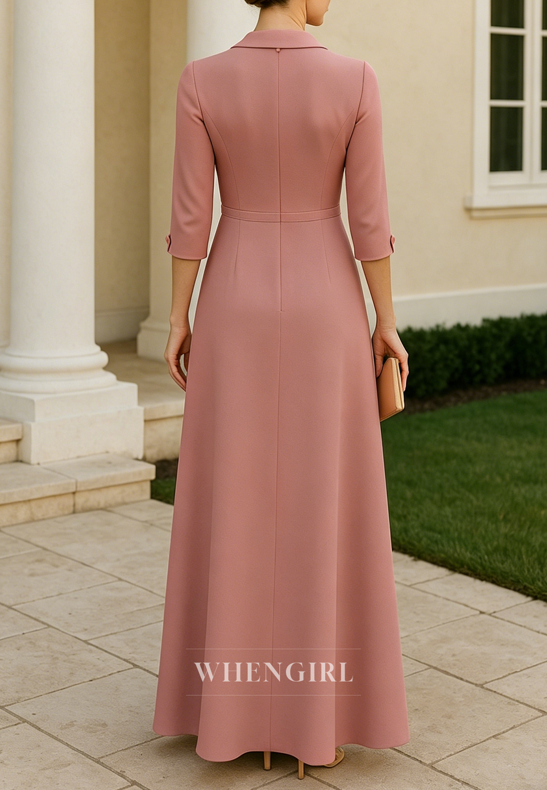 V Neck 3/4 Sleeves Ankle Length Column Mother of the Bride Dress