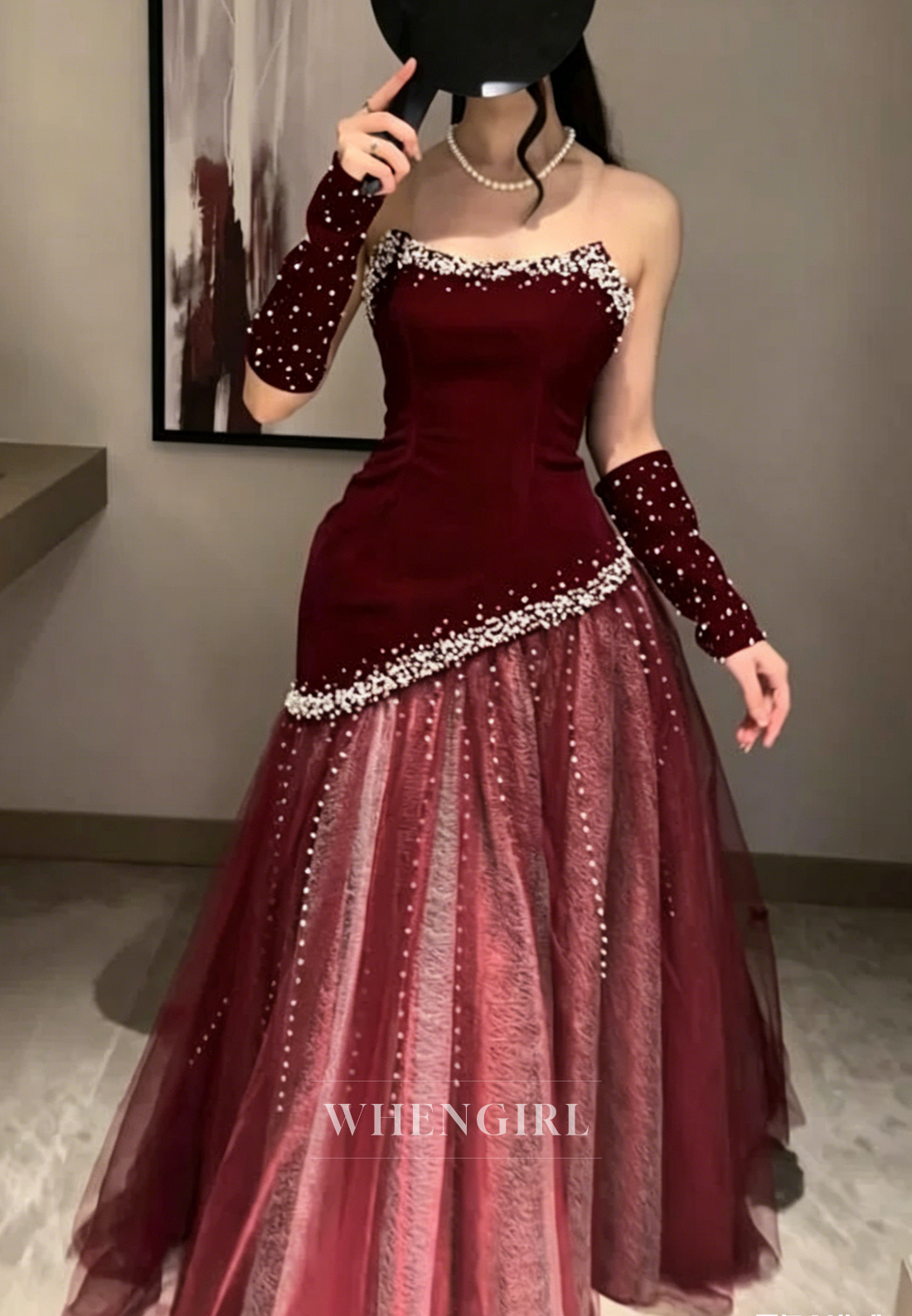 Peals Beading Tulle Hem Strapless Formal Gown