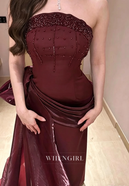 Burgundy Tube Top Beaded Sleeveless Sheath Evening Formal Dress