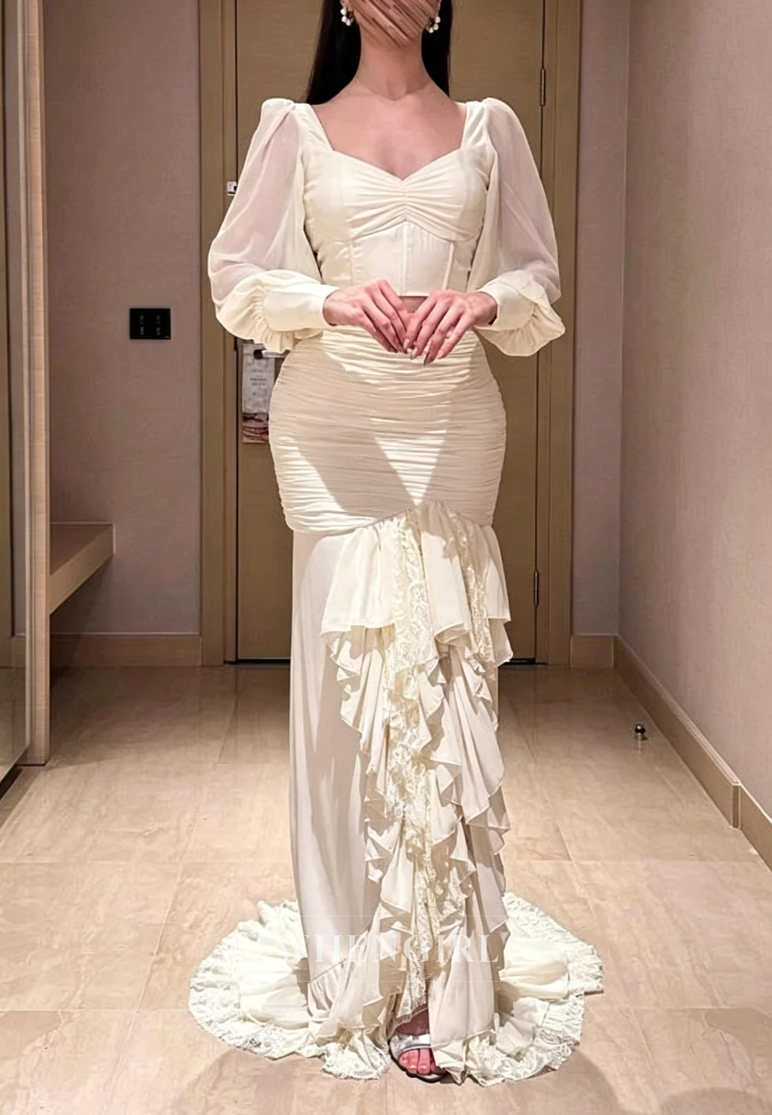 Sweetheart Long Sleeves Ruffle Hem Seath Formal Gown
