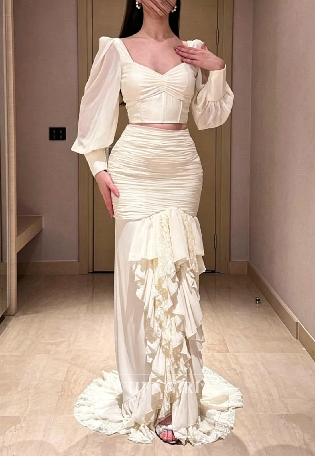 Sweetheart Long Sleeves Ruffle Hem Seath Formal Gown