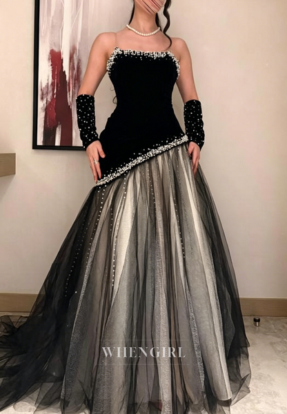 Peals Beading Tulle Hem Strapless Formal Gown