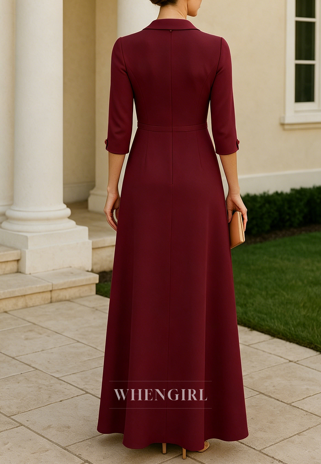 V Neck 3/4 Sleeves Ankle Length Column Mother of the Bride Dress