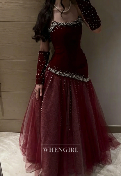 Peals Beading Tulle Hem Strapless Formal Gown