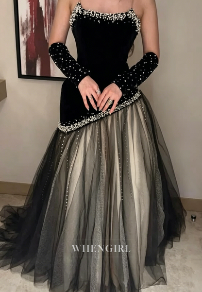 Peals Beading Tulle Hem Strapless Formal Gown