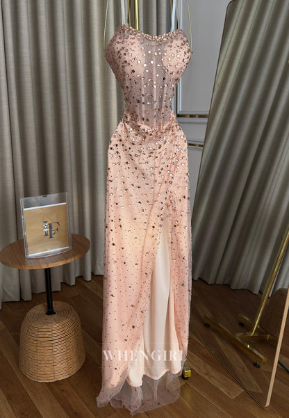 Sheath Full Beaded Strapless Sleeveless Pleated Side Slit Formal Prom Dress