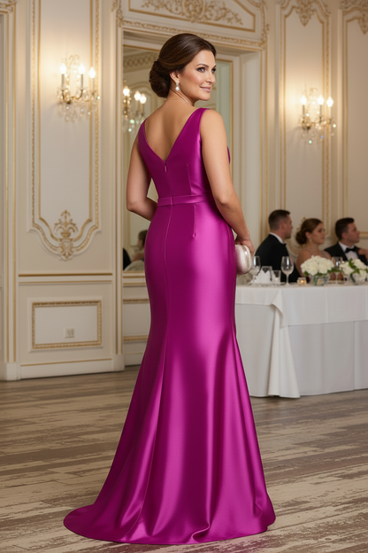 Fuchsia V Neck Ruched Satin Trumpet Formal Dress