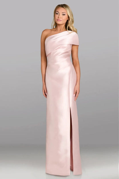 Pink One Shoulder Ruched Slit Column Mother of the Bride Dress