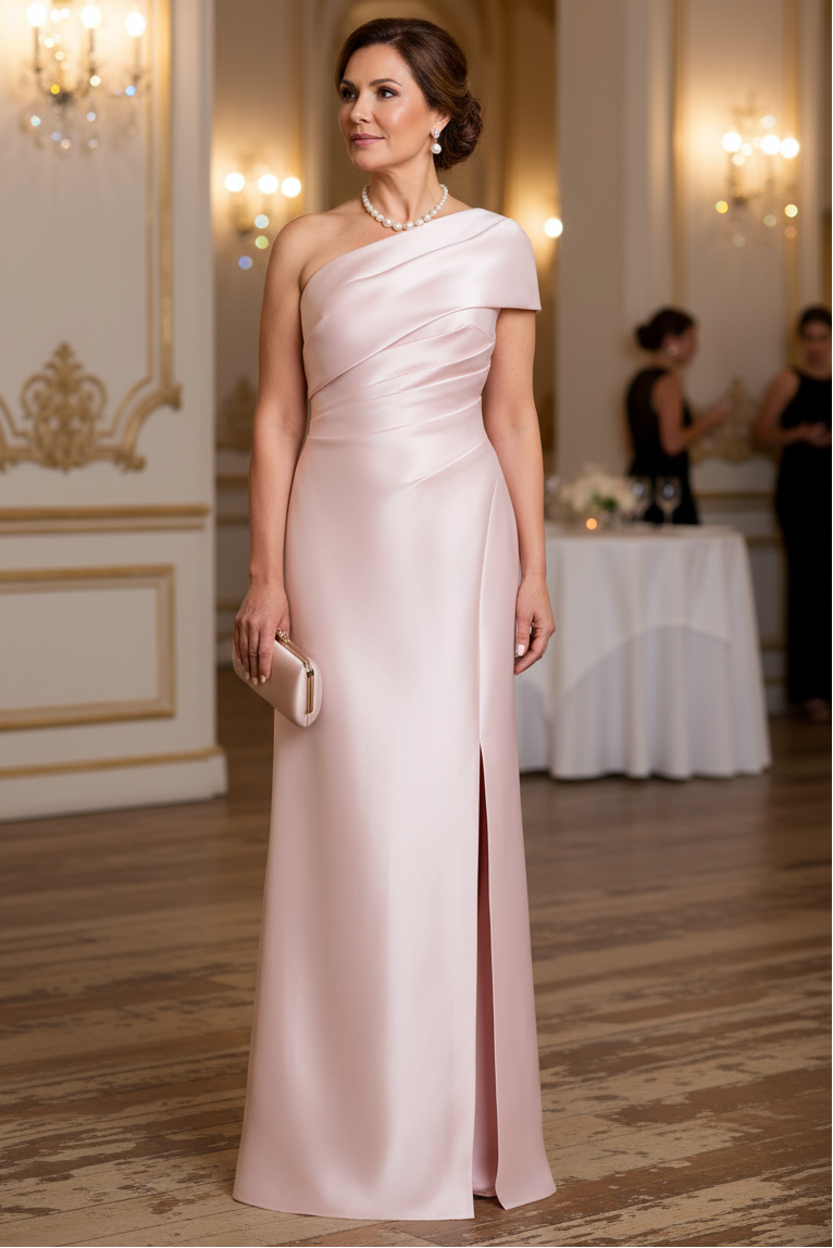 Pink One Shoulder Ruched Slit Column Mother of the Bride Dress