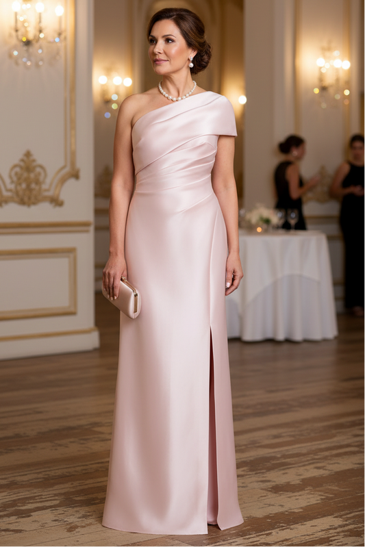 Pink One Shoulder Ruched Slit Column Mother of the Bride Dress