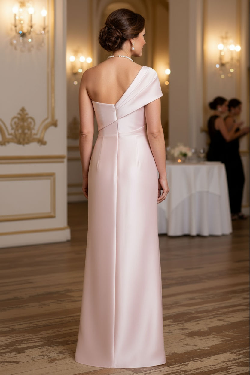 Pink One Shoulder Ruched Slit Column Mother of the Bride Dress