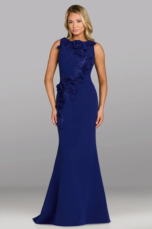 Navy Bateau Neck Floral Beaded Trumpet Mother of the Bride Dress