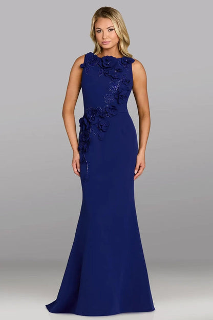 Navy Bateau Neck Floral Beaded Trumpet Mother of the Bride Dress