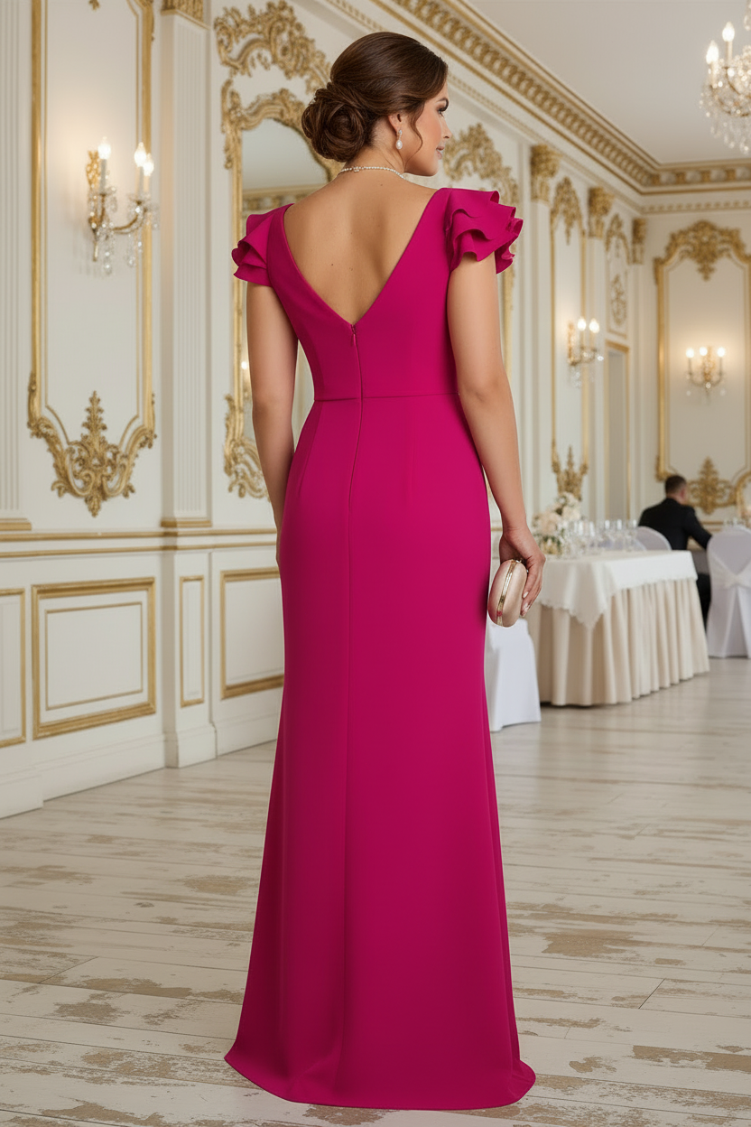 Fuchsia V Neck Ruffles Ruched Slit Trumpet Mother of the Bride Dress