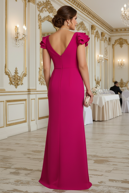 Fuchsia V Neck Ruffles Ruched Slit Trumpet Mother of the Bride Dress
