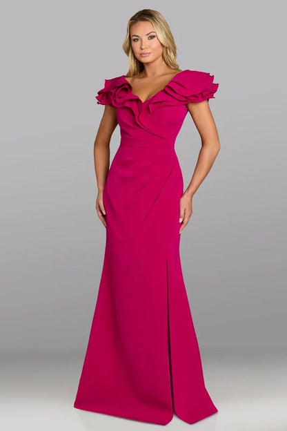 Fuchsia V Neck Ruffles Ruched Slit Trumpet Mother of the Bride Dress