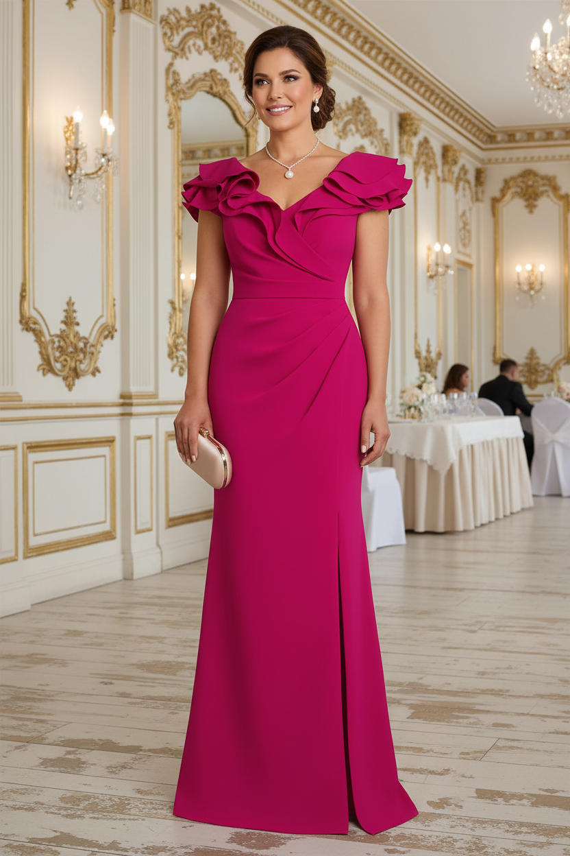 Fuchsia V Neck Ruffles Ruched Slit Trumpet Mother of the Bride Dress