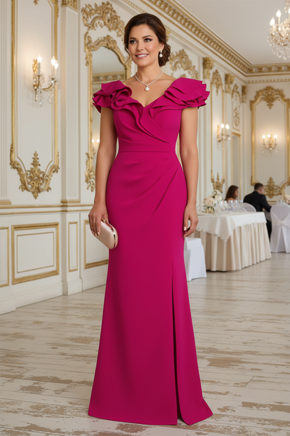 Fuchsia V Neck Ruffles Ruched Slit Trumpet Mother of the Bride Dress