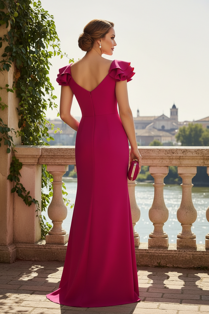 Fuchsia V Neck Ruffles Pleated Slit Back Zipper Mother of the Bride Dress