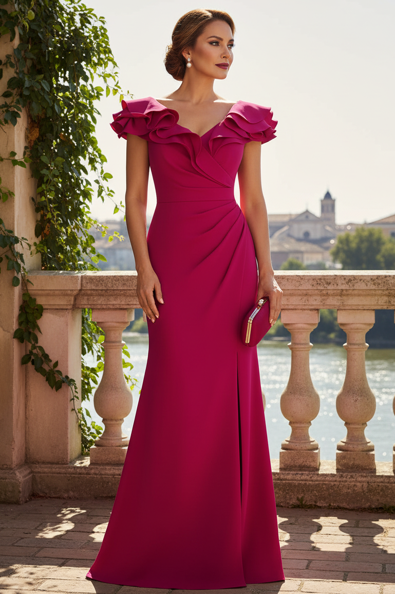 Fuchsia V Neck Ruffles Pleated Slit Back Zipper Mother of the Bride Dress
