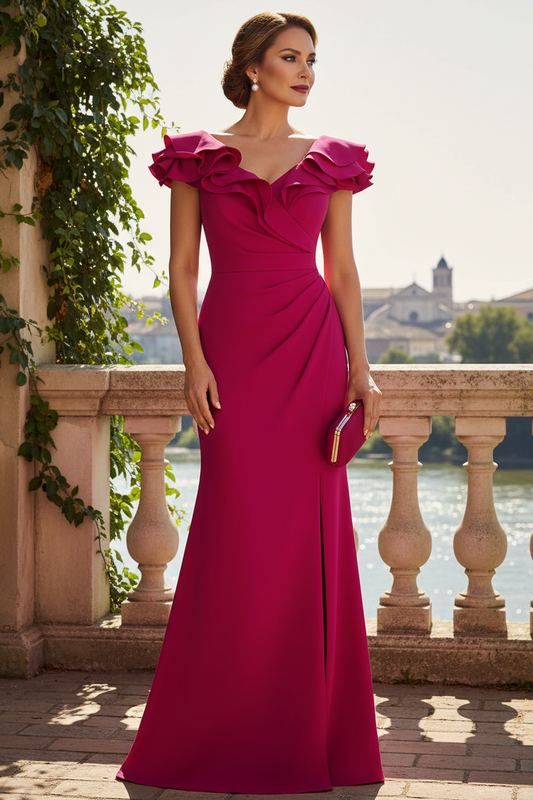 Fuchsia V Neck Ruffles Pleated Slit Back Zipper Mother of the Bride Dress