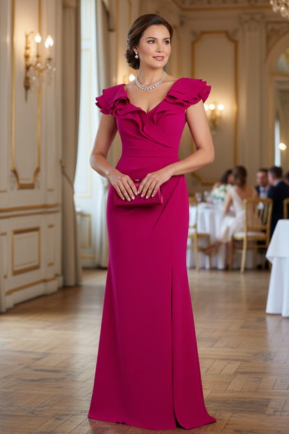 Fuchsia V Neck Ruffles Ruched Slit Trumpet Mother of the Bride Dress