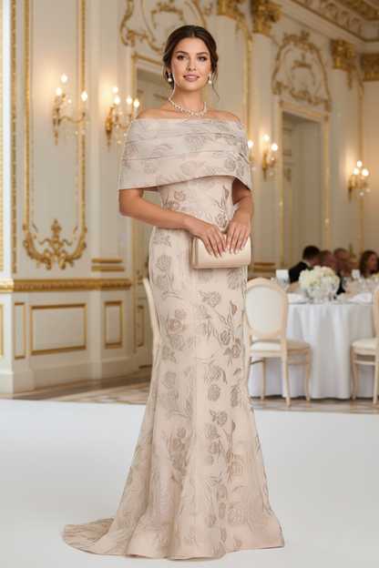 Beige Off Shoulder Floral Trumpet Mother of the Bride Dress