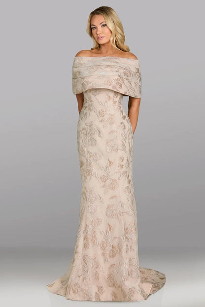 Beige Off Shoulder Floral Trumpet Mother of the Bride Dress