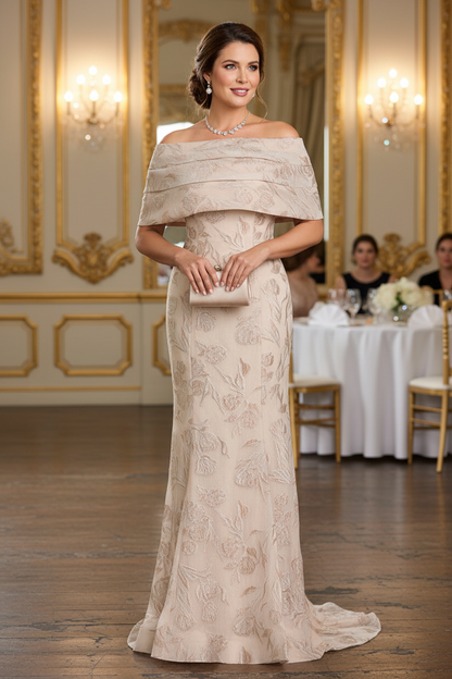Beige Off Shoulder Floral Trumpet Mother of the Bride Dress