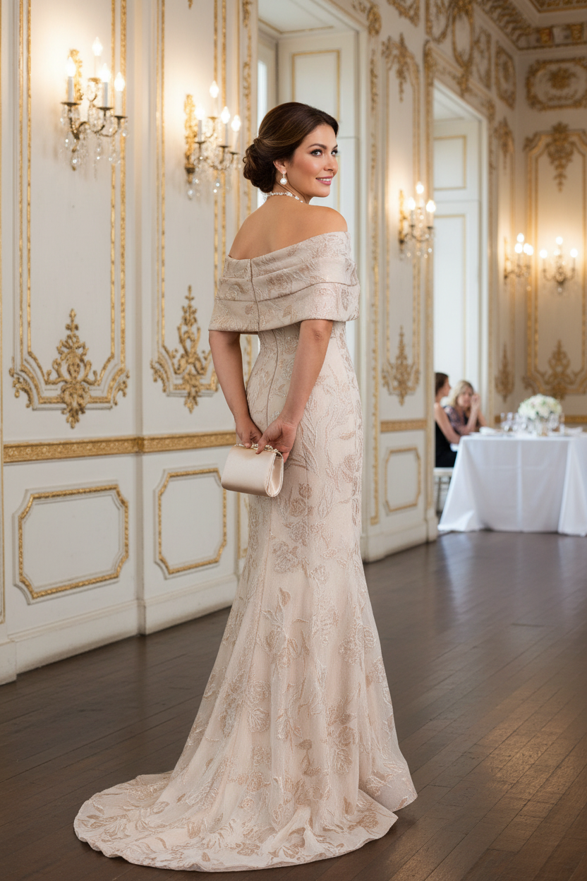 Beige Off Shoulder Floral Trumpet Mother of the Bride Dress