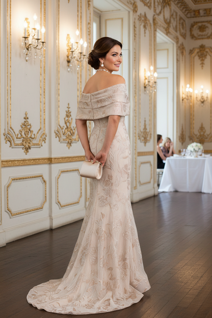 Beige Off Shoulder Floral Trumpet Mother of the Bride Dress